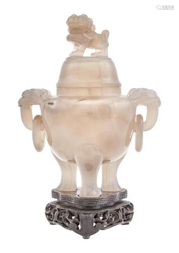 A Chinese Carved Agate Tripod Censer and Cover