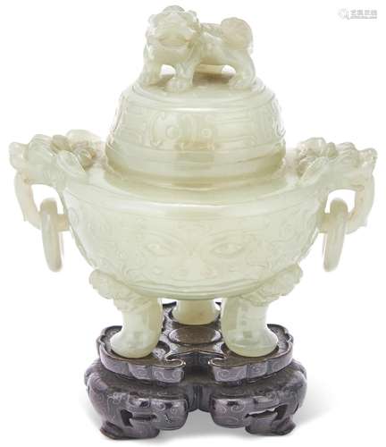 A Chinese Celadon Jade Tripod Censer and Cover