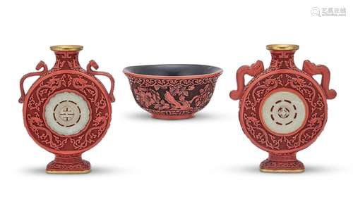 A Pair of Chinese Jade-Inset Cinnabar Vases and a Bowl