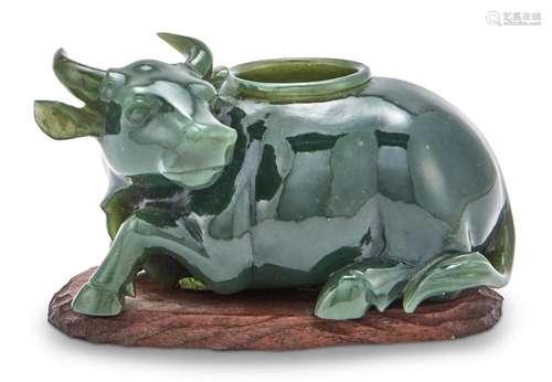 A Chinese Spinach Jade Buffalo-Form Brush Washer