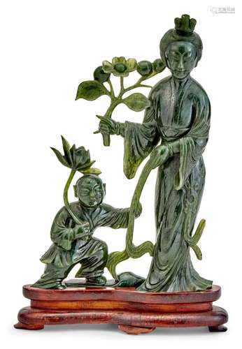 A Chinese Spinach Jade Carving of a Meiren and Child