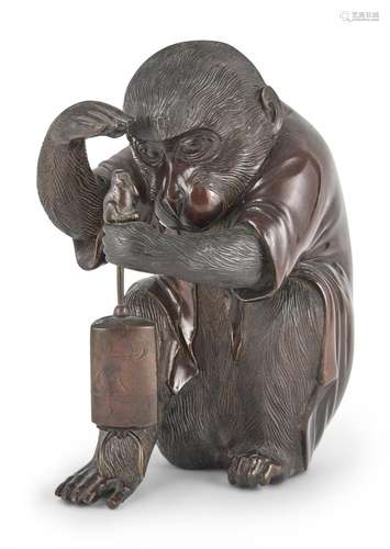 A Japanese Bronze Okimono of a Monkey