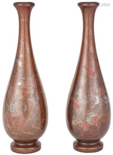 Pair of Japanese Mixed Metal and Patinated Bronze Bottle Vas...