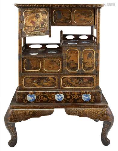 A Japanese Porcelain-Inset Lacquered Shodana Cabinet