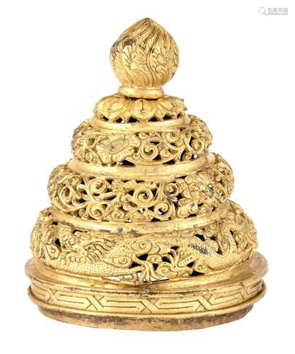 A Tibetan Pierced Gilt Copper Alloy Censer Cover