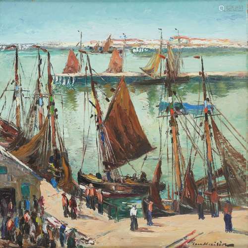 Huile sur panneau: Activité au port de pêche.Signée: Luc Kai...