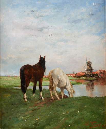 Huile sur panneau: Chevaux au bord de la rivière sur fond de...