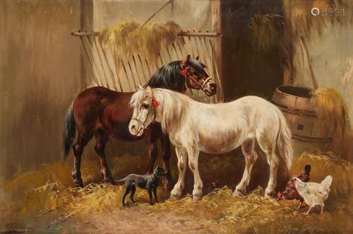 Huile sur toile: Chevaux, chien et poules dans l'écurie....