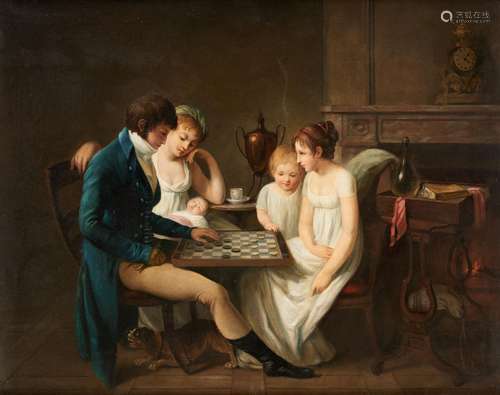 Huile sur toile: Les joueurs de dames dans un salon.Dim.: 73...