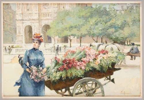 Huile sur carton: Élégante et la marchande de fleurs.Signée:...