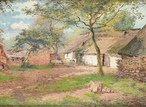 Huile sur toile: Ferme en été.Signée: A.J. Heymans.Dim.: 59 ...