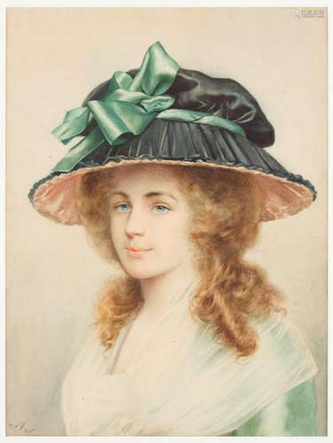 Aquarelle sur papier: Portrait de jeune fille au chapeau.Sig...