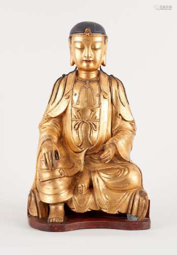 Sculpture en bois et papier mâché: Bouddha assis, une jambe ...