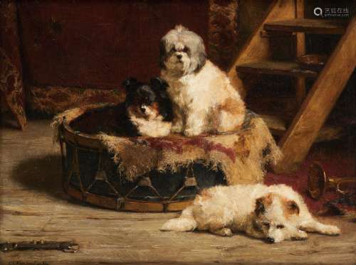 Huile sur toile (rentoilée): Trois chiens au tambour.Signée:...