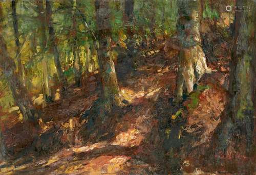 Huile sur panneau: Rayons de soleil en forêt.Signée: A. Bast...