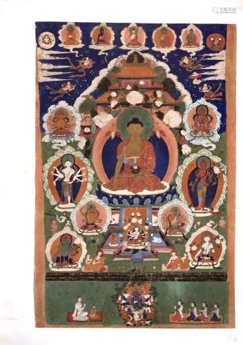 Thangka en pigments sur coton représentant le Bouddha en méd...