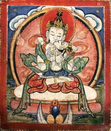 Tsakili sur coton représentant figurant Amitabha en Yab-Yum....