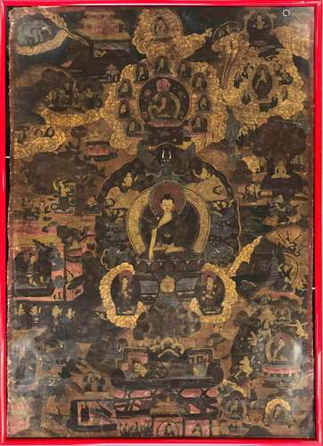 Thangka en couleur et rehauts or sur toile, représentant Bou...