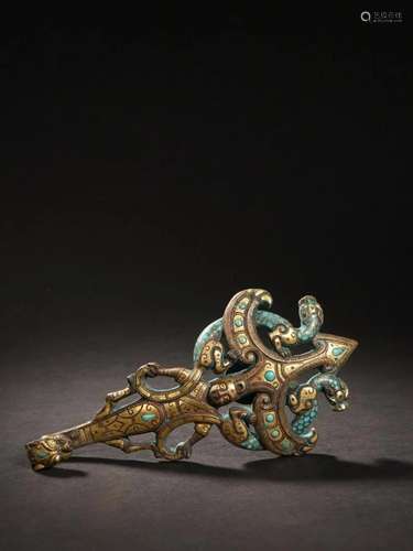 Bronze Gold Silver Inlaid Turquoise Embedded Beast Pattern B...