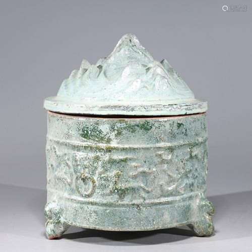 Chinese Hill Topped Crackle Glazed Ceramic Covered Tripod Ce...