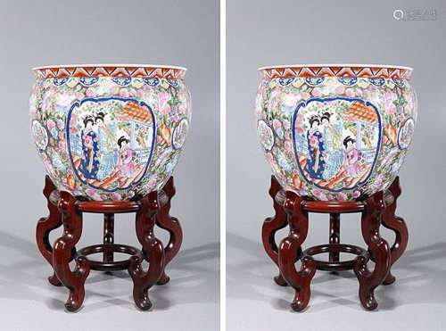 Pair of Chinese Famille Rose Enameled Porcelain Goldfish Bow...