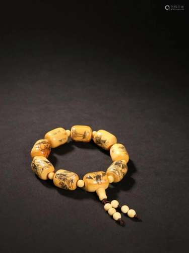 Old Tooth Carved Eight Immortals Pattern Bead Bracelet