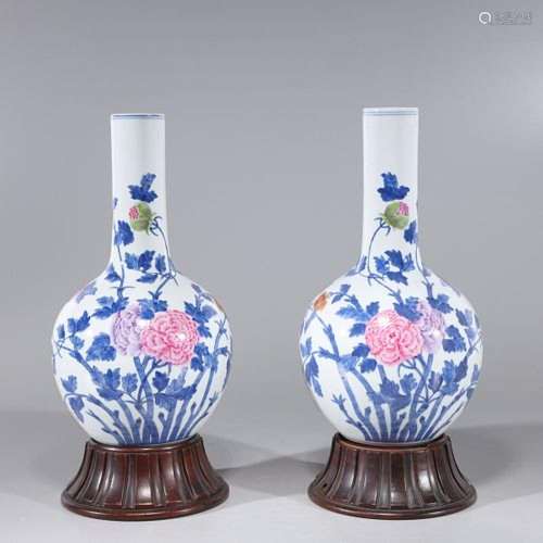 Pair of Chinese Famille Rose Enameled Porcelain Vases drille...