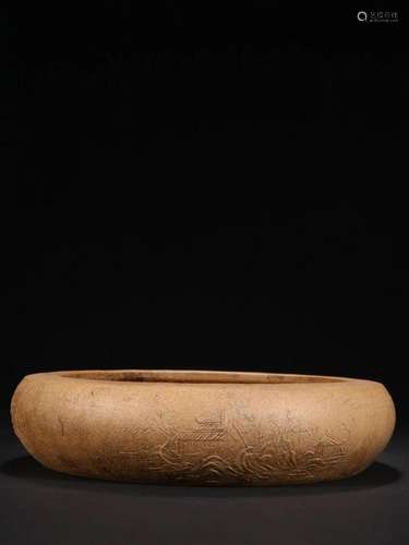 Yixing Zisha Clay Carved Landscape Brush Washer