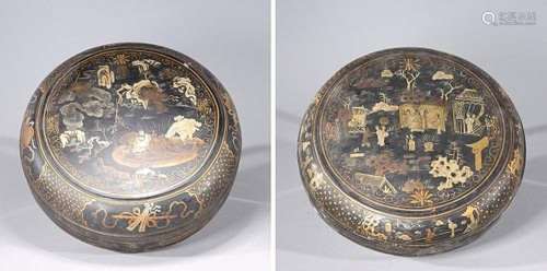 Two Chinese Gilt Lacquer Circular Covered Wooden Nesting Box...