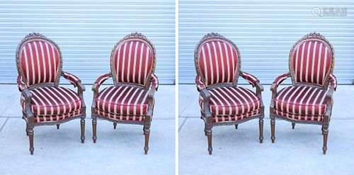 Pair of Carved Wood Upholstered Armchairs