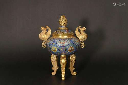 Gilt Bronze Cloisonne Phoenix Shaped Handle Incense Burner