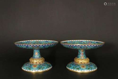 Gilt Bronze Cloisonne Floral Pattern Plate Pair