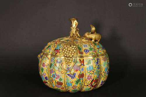 Cast Bronze Cloisonne Enamel Squirrel & Grape Pattern Pu...