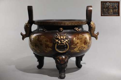 A Fine Gilt-bronze Censer With Dragon Pattern