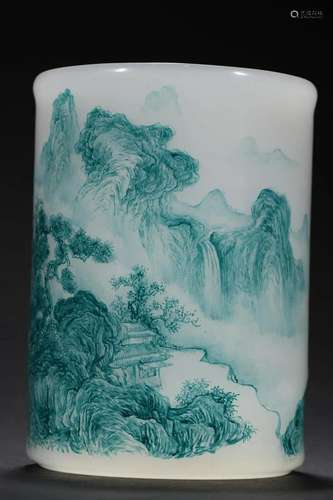 A Fine Glass and Painted Enamel 'Landscape' Pen Ho...