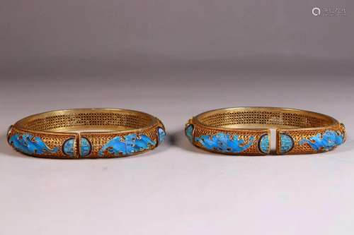 A Pair of Gilt-silver Inalid Gem Bracelets