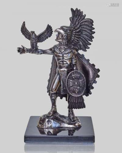 Statuette figurant Moctezuma et l'aigle, en métal argent...