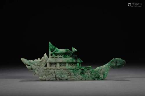 A Rare Jadeite Carved Dragon Boat Ornament