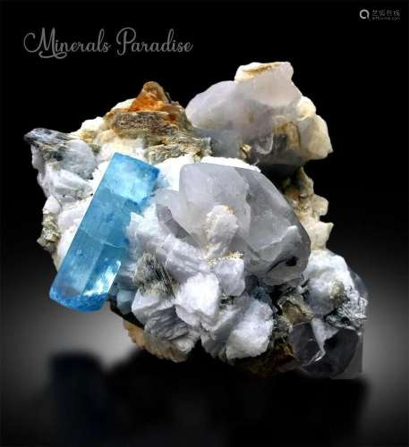 Blue Aquamarine Crystal with Mica Albite and Quartz