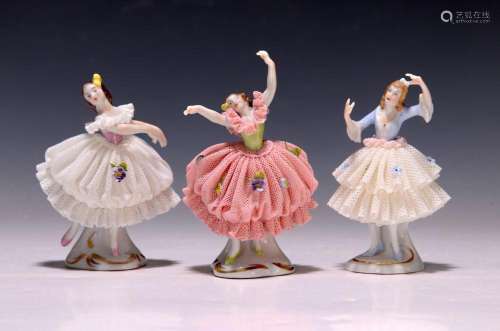 Three porcelain miniatures of dancers with lace skirts