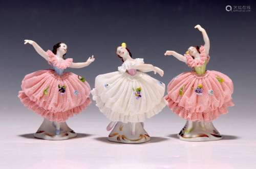 Three porcelain miniatures of Dancers with lace skirts