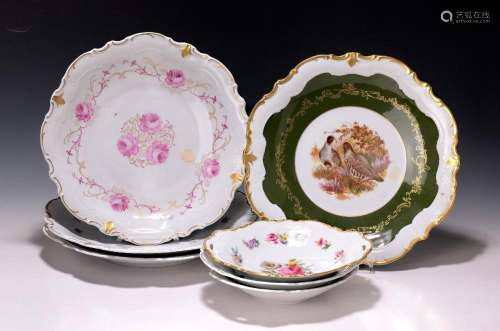Four large porcelain plates and three handle bowls