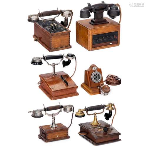 Six Intercom Telephones in Wood Cases, c. 1910-20