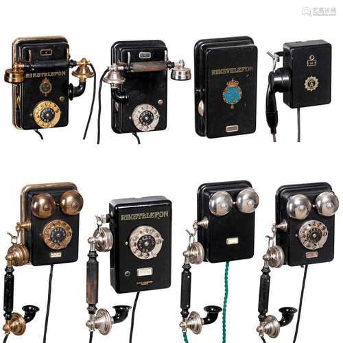 Seven Telephones and a Bell Box by Ericsson or Telegrafverke...