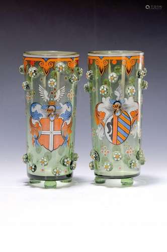 Pair of goblets, historicism around 1920, green glass