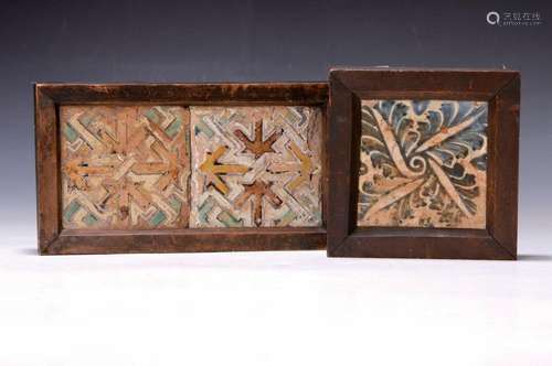 3 tiles, Spain, 16th century, two tiles with incised and