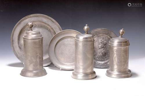 Three pewter mugs and three pewter plates, German, 19th