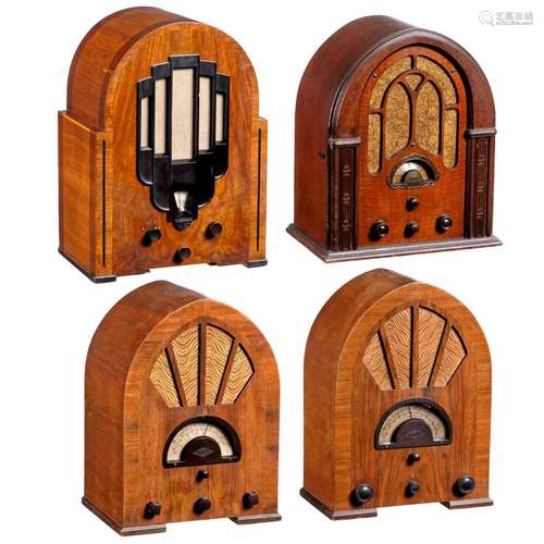 Four Radio Receivers in Cathedral-Shaped Wood Cases