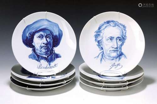 8 portrait plates, Meissen, in blue underglazedecor