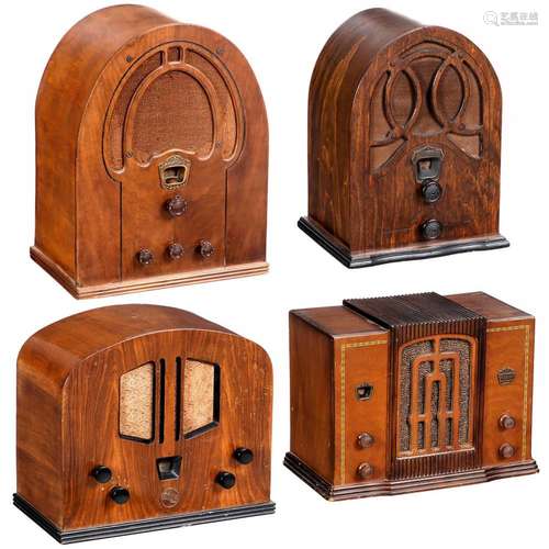 Four Small Radio Receivers in Wood Cases